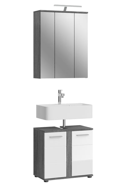 Badmöbel-Set mit Spiegelschrank und Waschtischunterschrank, grau-weiß, mit Beleuchtung