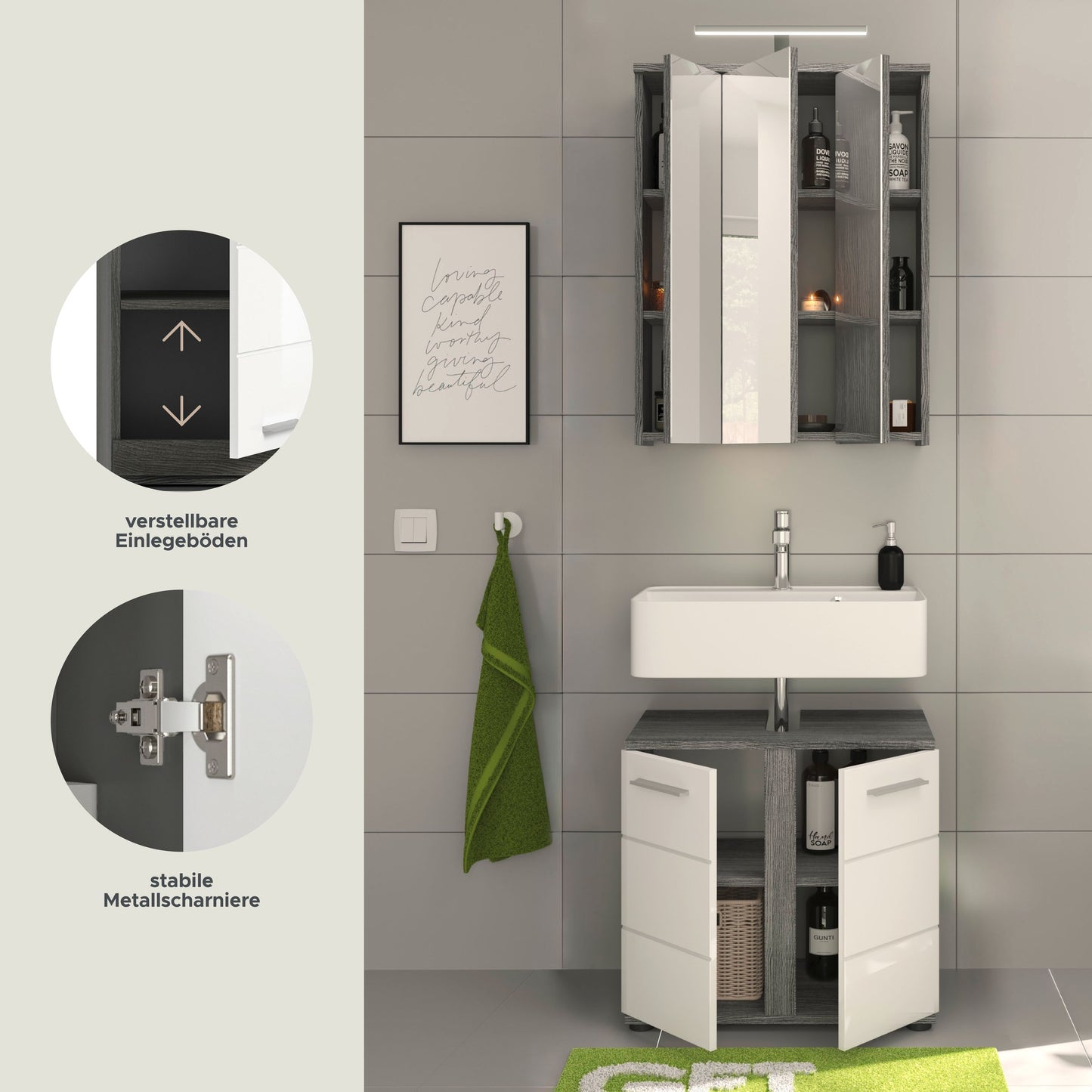 Badmöbel-Set mit Spiegelschrank und Waschtischunterschrank, klappbare Innenelemente