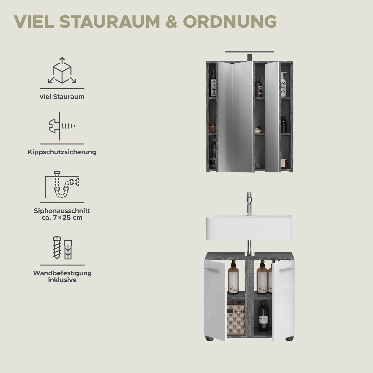 Badmöbel-Set mit Spiegelschrank und Waschtischunterschrank, viel Stauraum