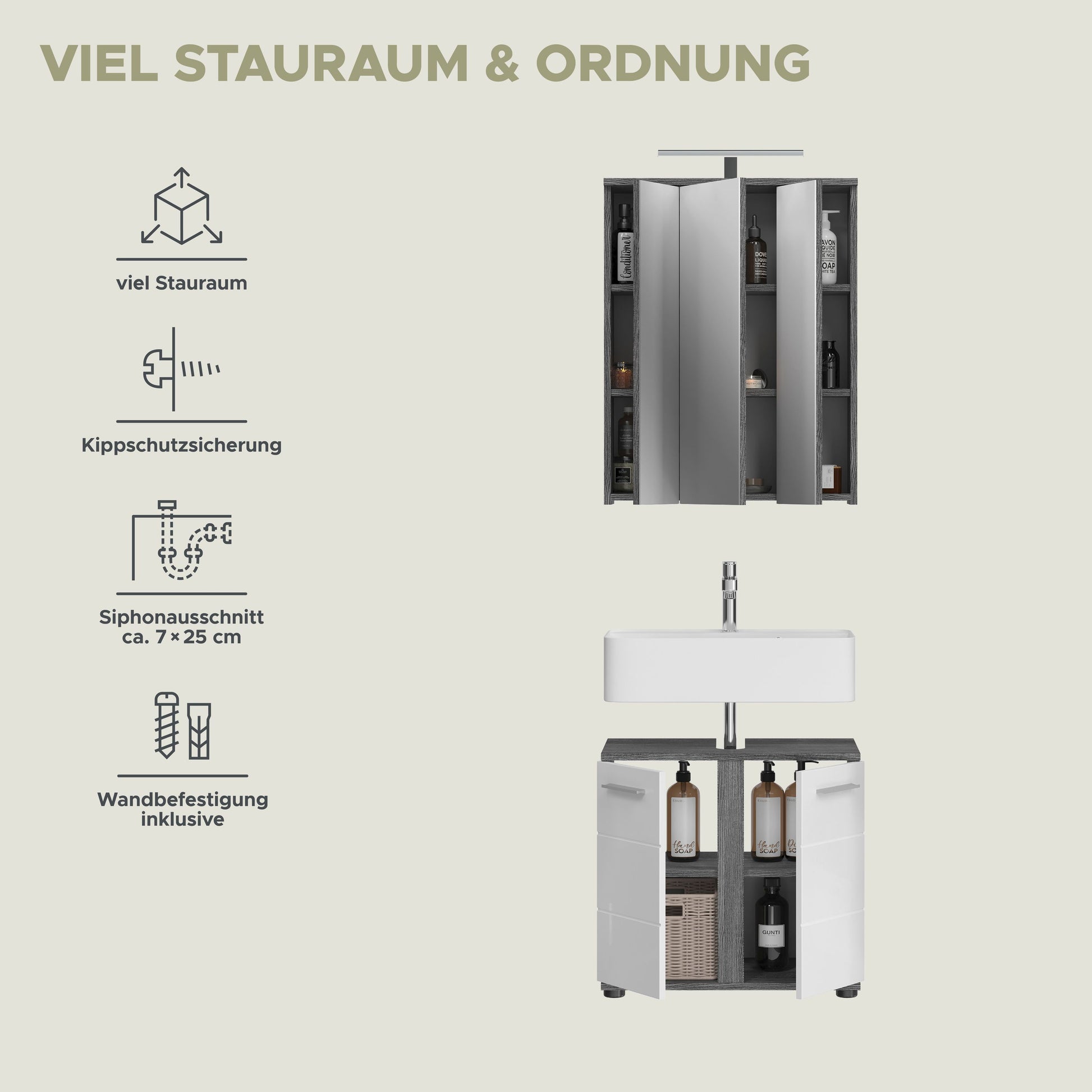 Badmöbel-Set mit Spiegelschrank und Waschtischunterschrank, viel Stauraum