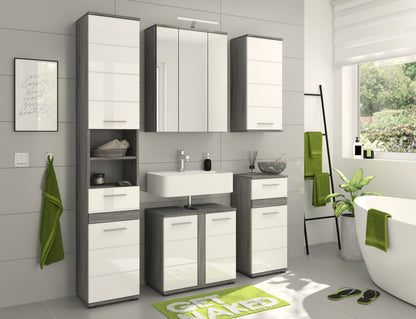 Badmöbel-Set mit Spiegelschrank, Waschtischunterschrank und Hochschrank, grau-weiß