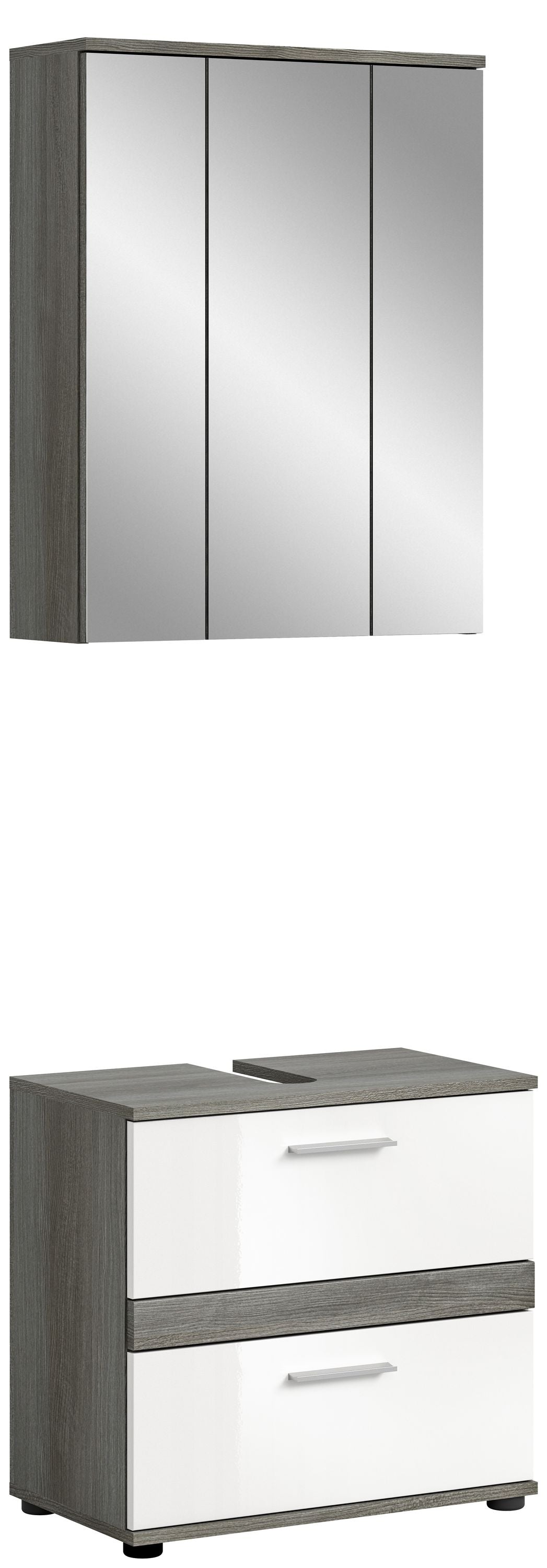 Badmöbel-Set: 3-türiger Hochschrank, anthrazitgrau/weiß, Hochglanz, mit Griffen