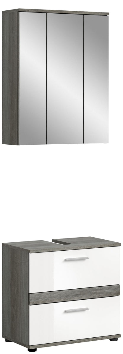 Badmöbel-Set: 3-türiger Hochschrank, anthrazitgrau/weiß, Hochglanz, mit Griffen