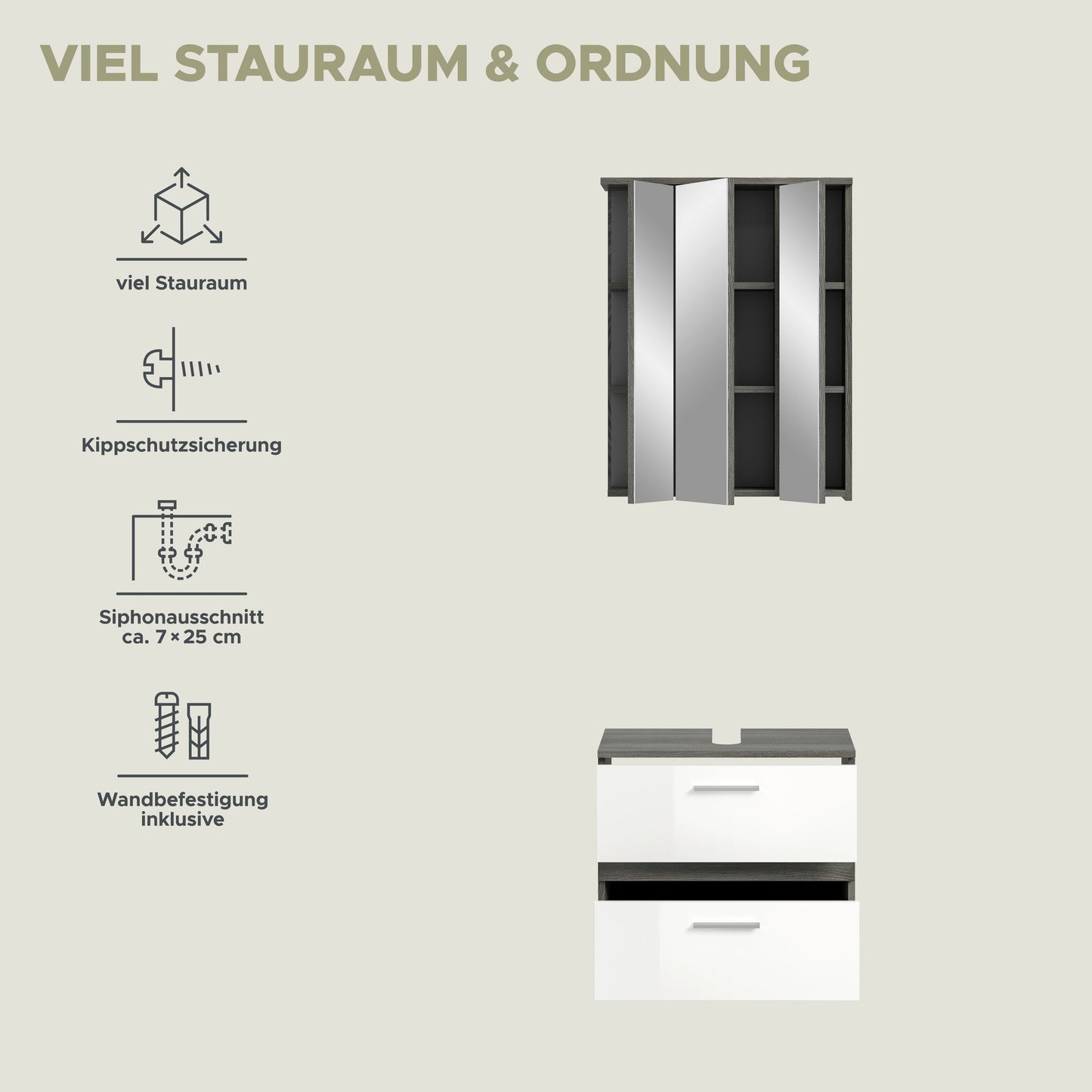 Badmöbel-Set mit Hochschrank und Regalfächern, anthrazitgraue Akzente, kompakt
