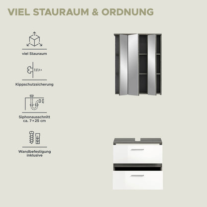 Badmöbel-Set mit Hochschrank und Regalfächern, anthrazitgraue Akzente, kompakt