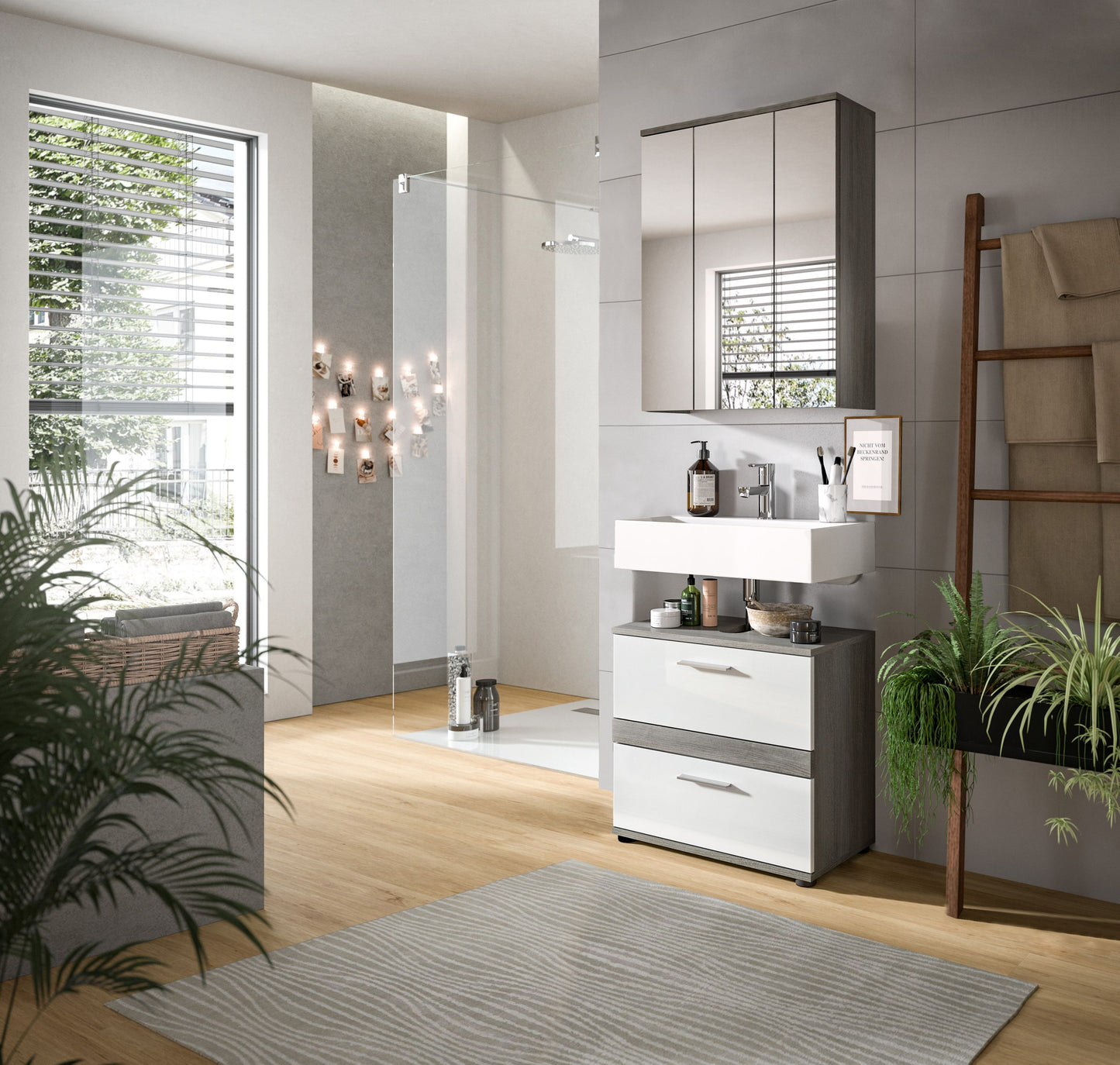 Badezimmerset mit Waschtischunterschrank und Spiegelschrank, anthrazitgrau/weiß