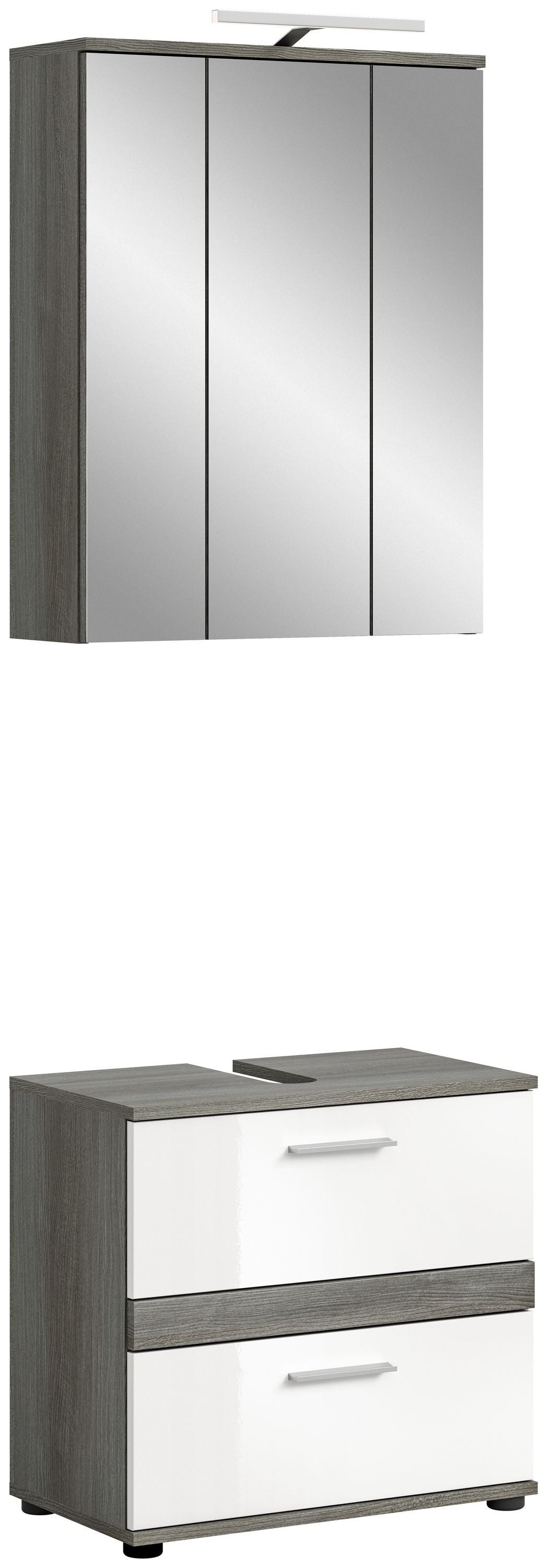 Badezimmerschrank-Set: Spiegelschrank und Unterschrank, grau-weiß, mit Griffen.