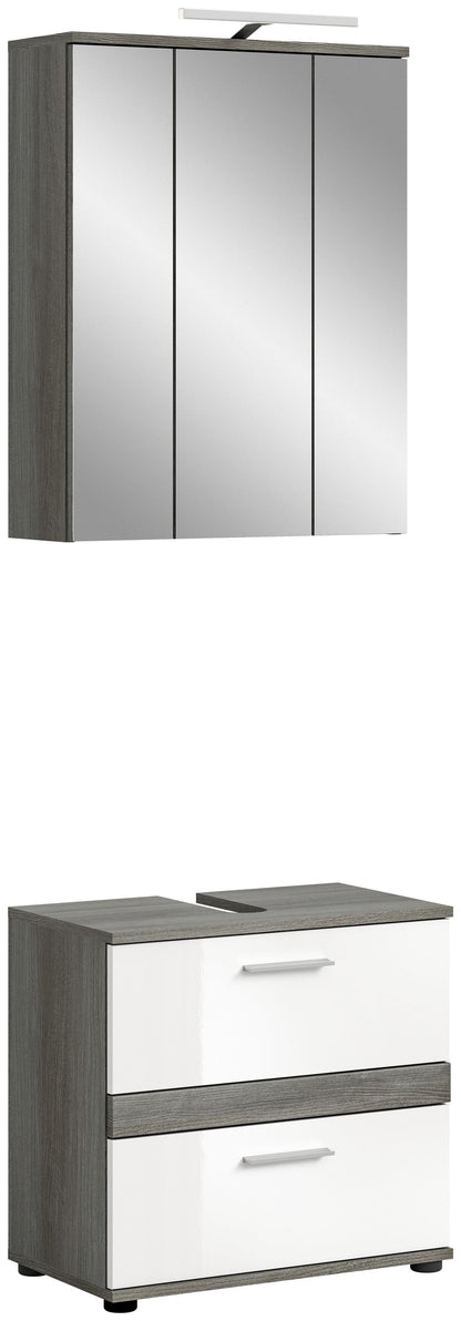 Badezimmerschrank-Set: Spiegelschrank und Unterschrank, grau-weiß, mit Griffen.