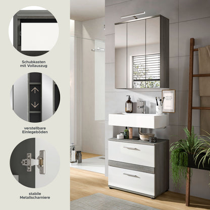Badezimmer-Waschtisch-Set mit Spiegelschrank und Stauraum, grau-weiß, moderne Linien.