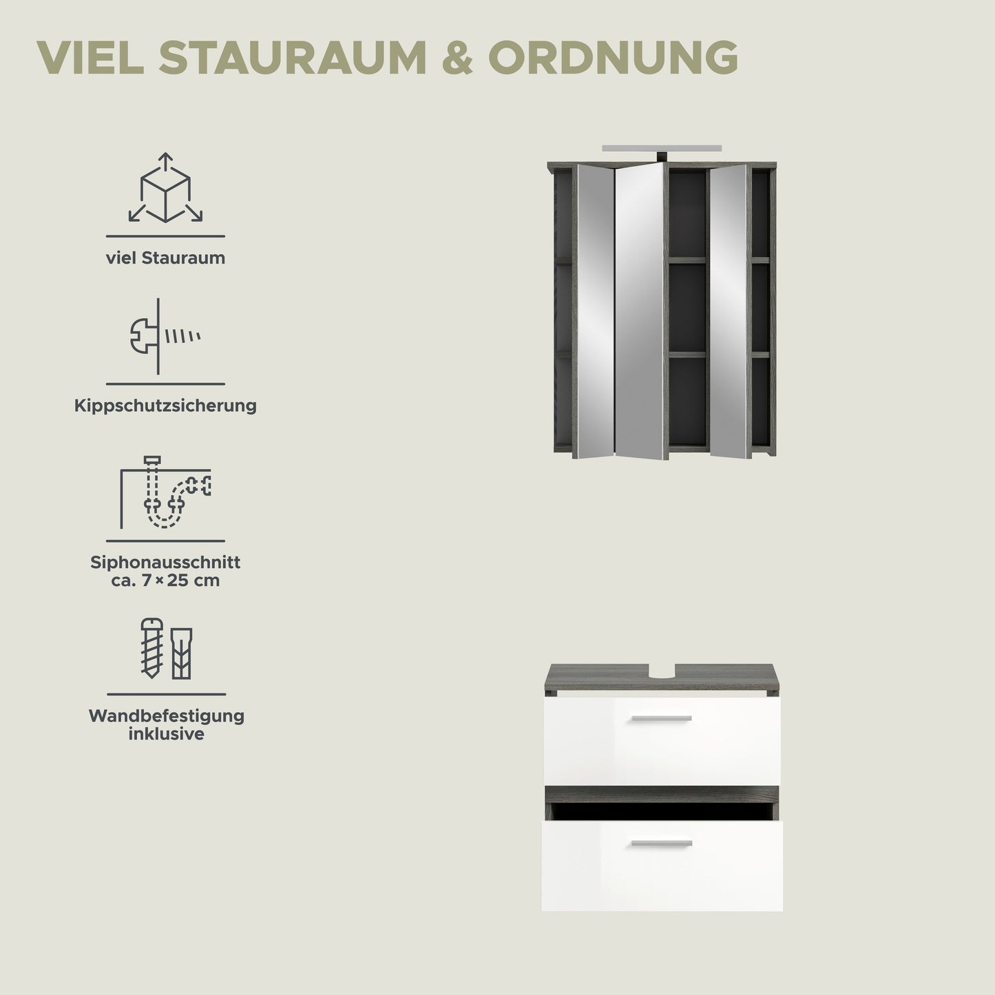 Spiegelschrank mit viel Stauraum und Innenfächern, grau-weiße Türen, praktische Ausstattung.