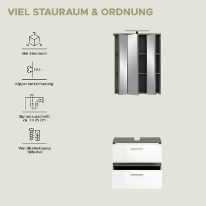 Spiegelschrank mit viel Stauraum und Innenfächern, grau-weiße Türen, praktische Ausstattung.