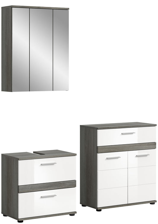 Badmöbel-Set: Spiegelschrank und Waschunterschränke in Weiß mit grauem Korpus