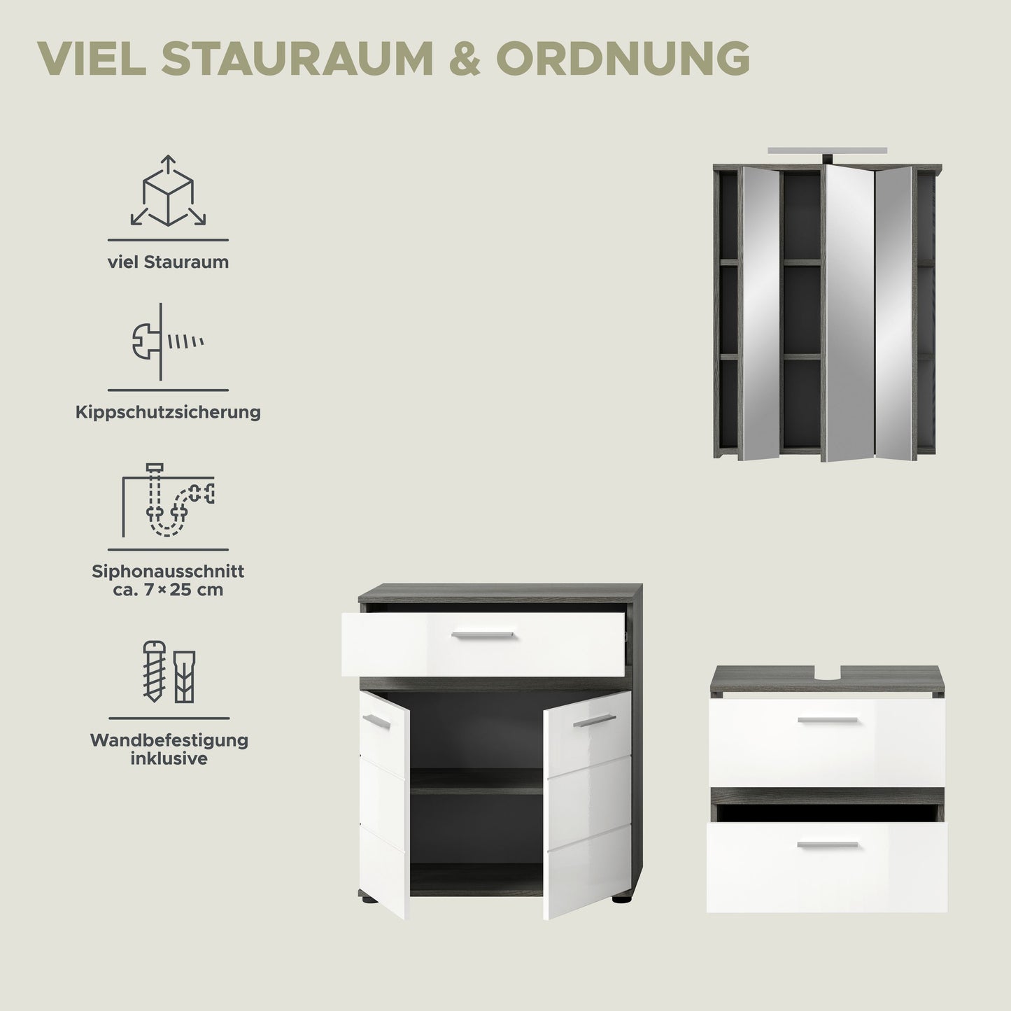 Badmöbel-Set mit Spiegelschrank und Unterschrank-Elementen, übersichtlich angeordnet