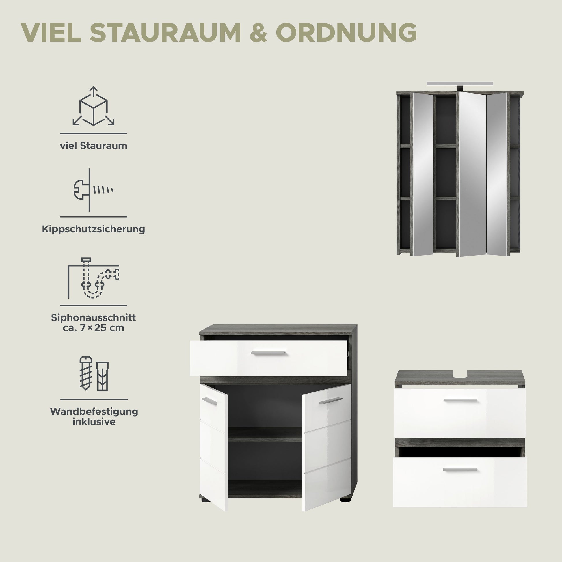 Badmöbel-Set mit Spiegelschrank und Unterschrank-Elementen, übersichtlich angeordnet