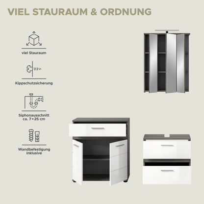 Badmöbel-Set mit Spiegelschrank und Unterschrank-Elementen, übersichtlich angeordnet