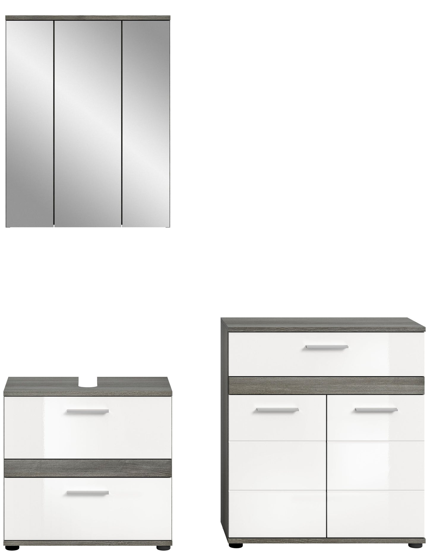 Badmöbel-Set mit Spiegelschrank und Unterschränken: weiße Fronten, graue Absetzungen