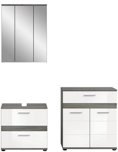 Badmöbel-Set mit Spiegelschrank und Unterschränken: weiße Fronten, graue Absetzungen