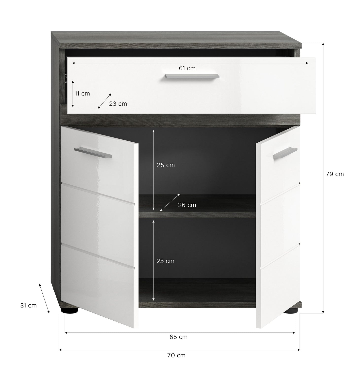 Waschtischunterschrank mit 2 Türen, Schublade und offenem Fach, weiß/grau
