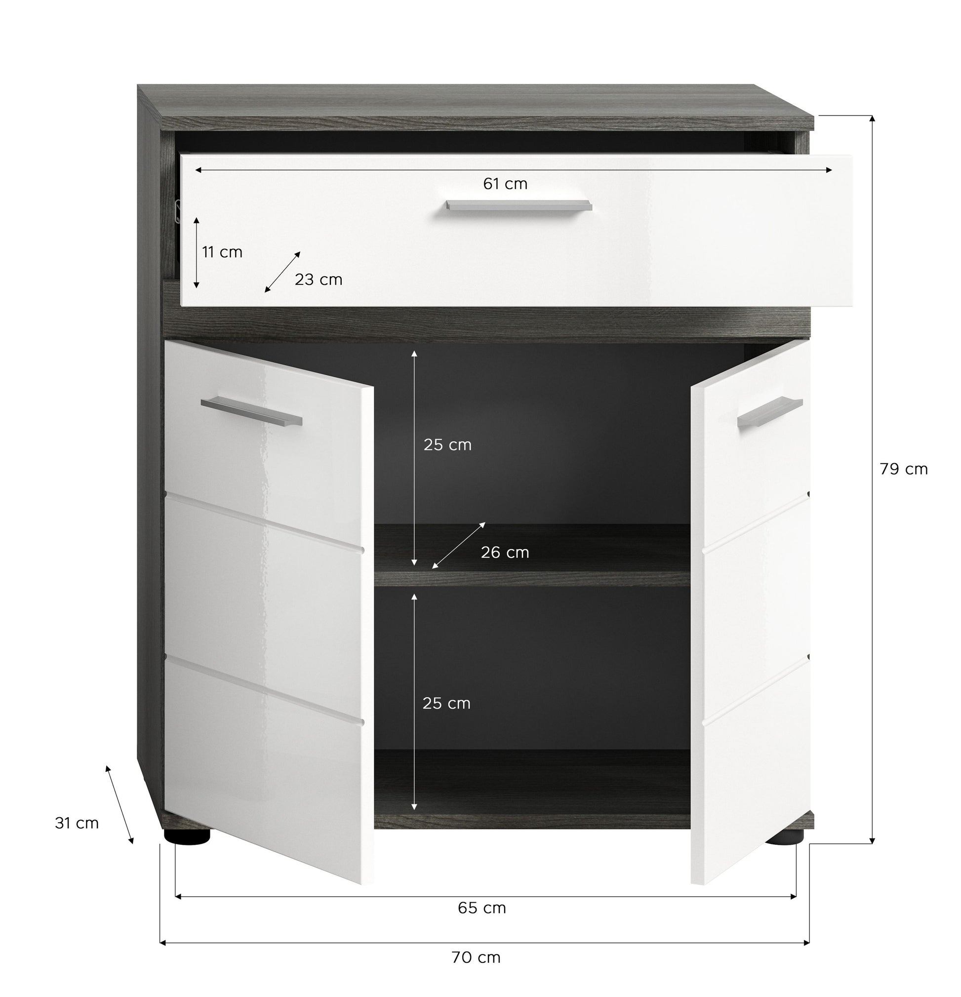 Waschtischunterschrank mit 2 Türen, Schublade und offenem Fach, weiß/grau