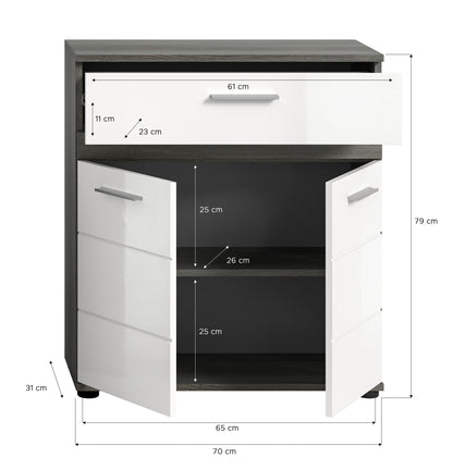 Waschtischunterschrank mit 2 Türen, Schublade und offenem Fach, weiß/grau