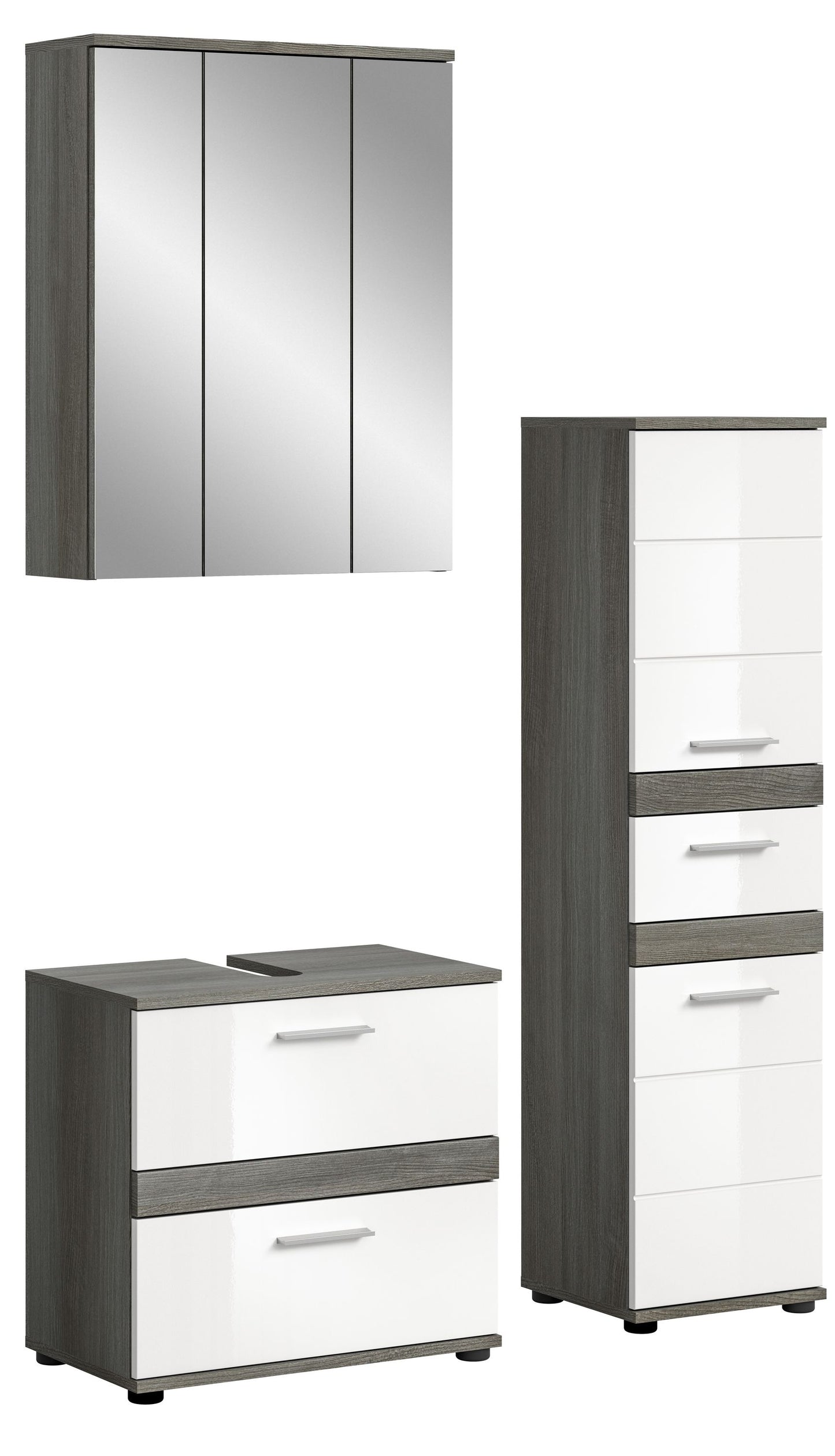 Badmöbel-Set mit Hochglanzfronten: Spiegelschrank, Waschtischschrank und Hochschrank in Grau/Weiß
