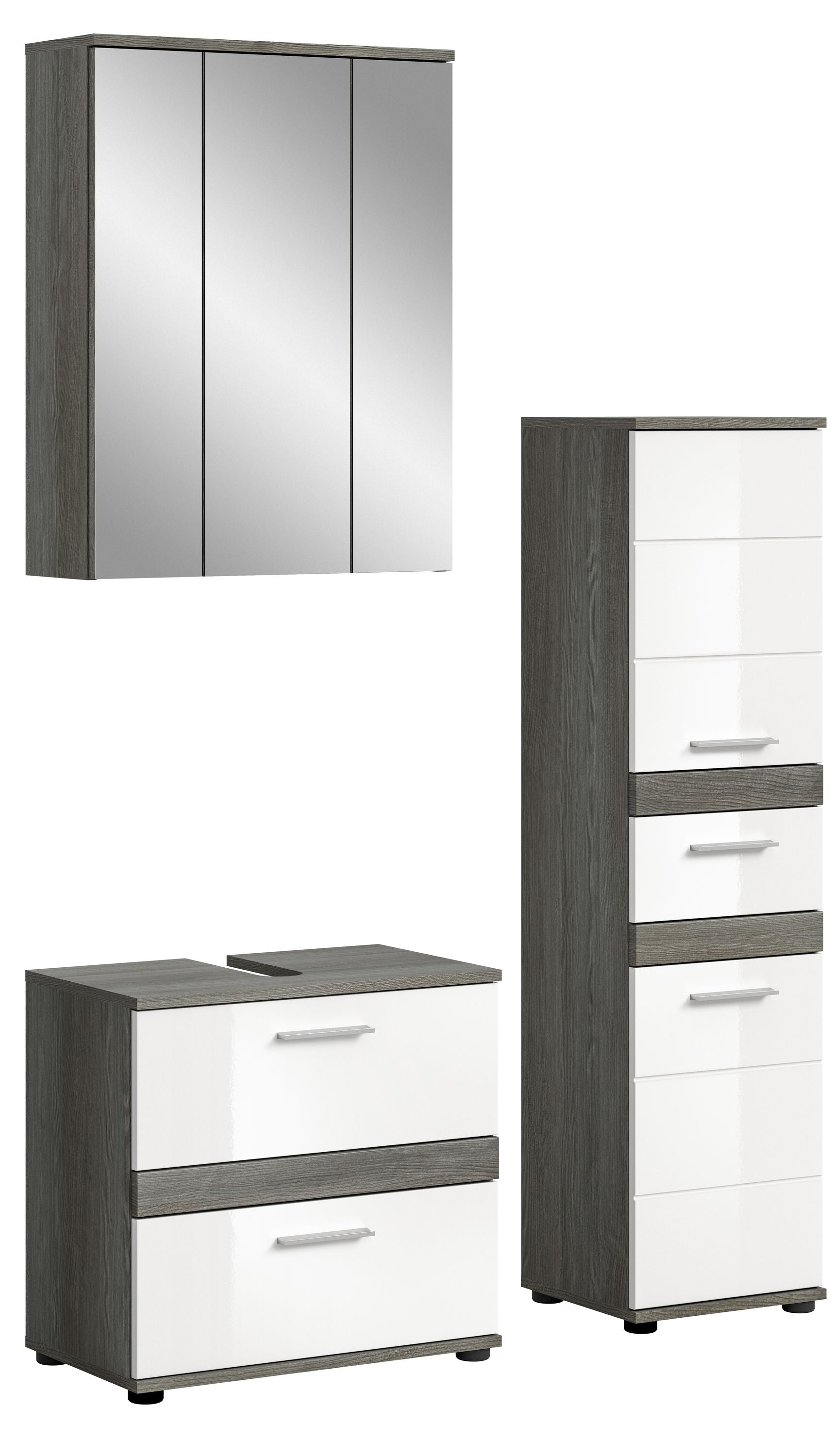 Badmöbel-Set mit Hochglanzfronten: Spiegelschrank, Waschtischschrank und Hochschrank in Grau/Weiß