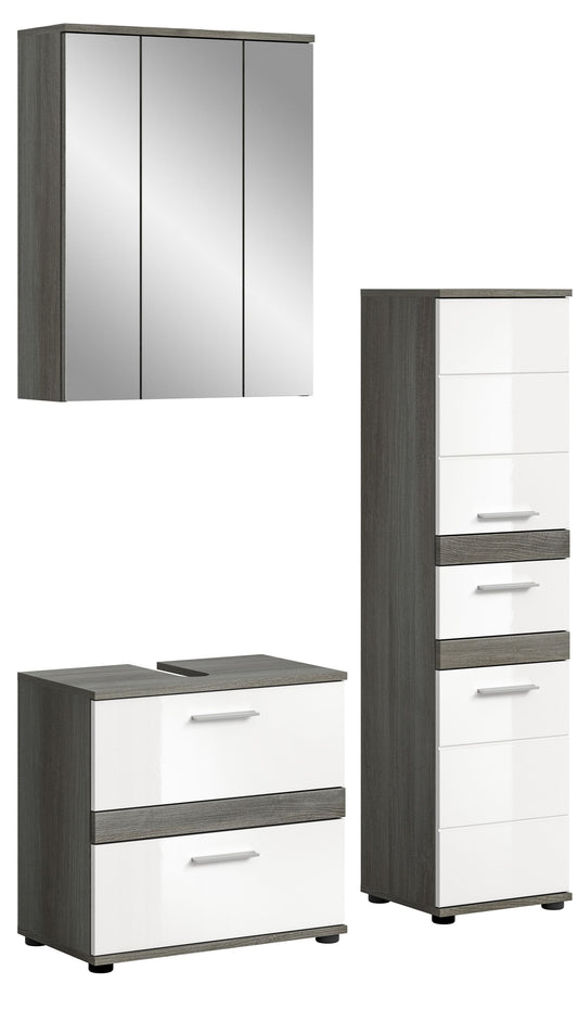 Badmöbel-Set mit Hochglanzfronten: Spiegelschrank, Waschtischschrank und Hochschrank in Grau/Weiß