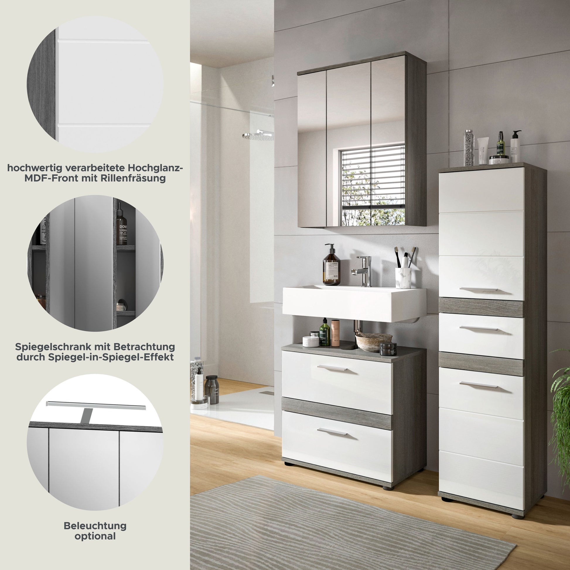 Badmöbel-Set mit Spiegelschrank und Hochglanzfronten in Grau/Weiß