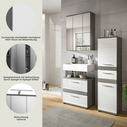 Badmöbel-Set mit Spiegelschrank und Hochglanzfronten in Grau/Weiß