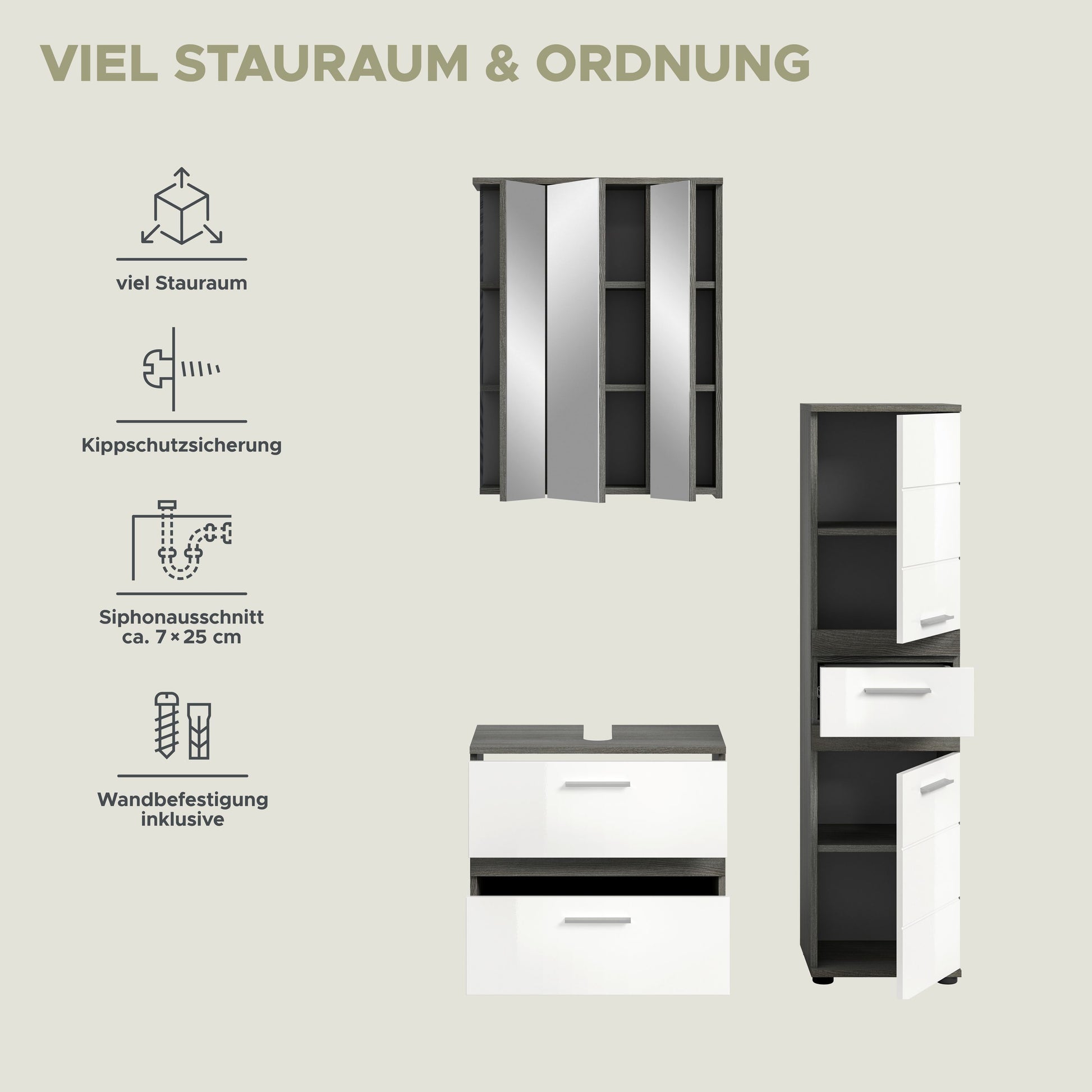 Badmöbel-Set mit Stauraum: Hochschrank und Waschtischschrank im Grau/Weiß-Design