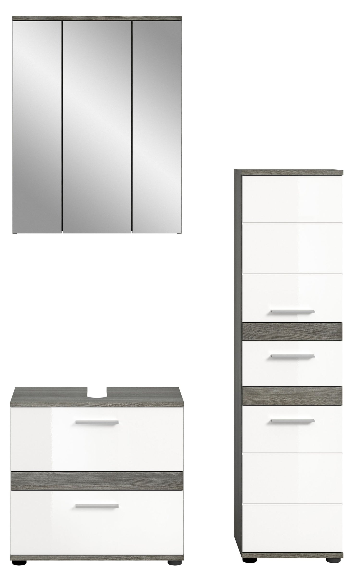Badmöbel-Set aus Spiegelschrank, Waschtischschrank und Hochschrank, Hochglanz in Grau/Weiß