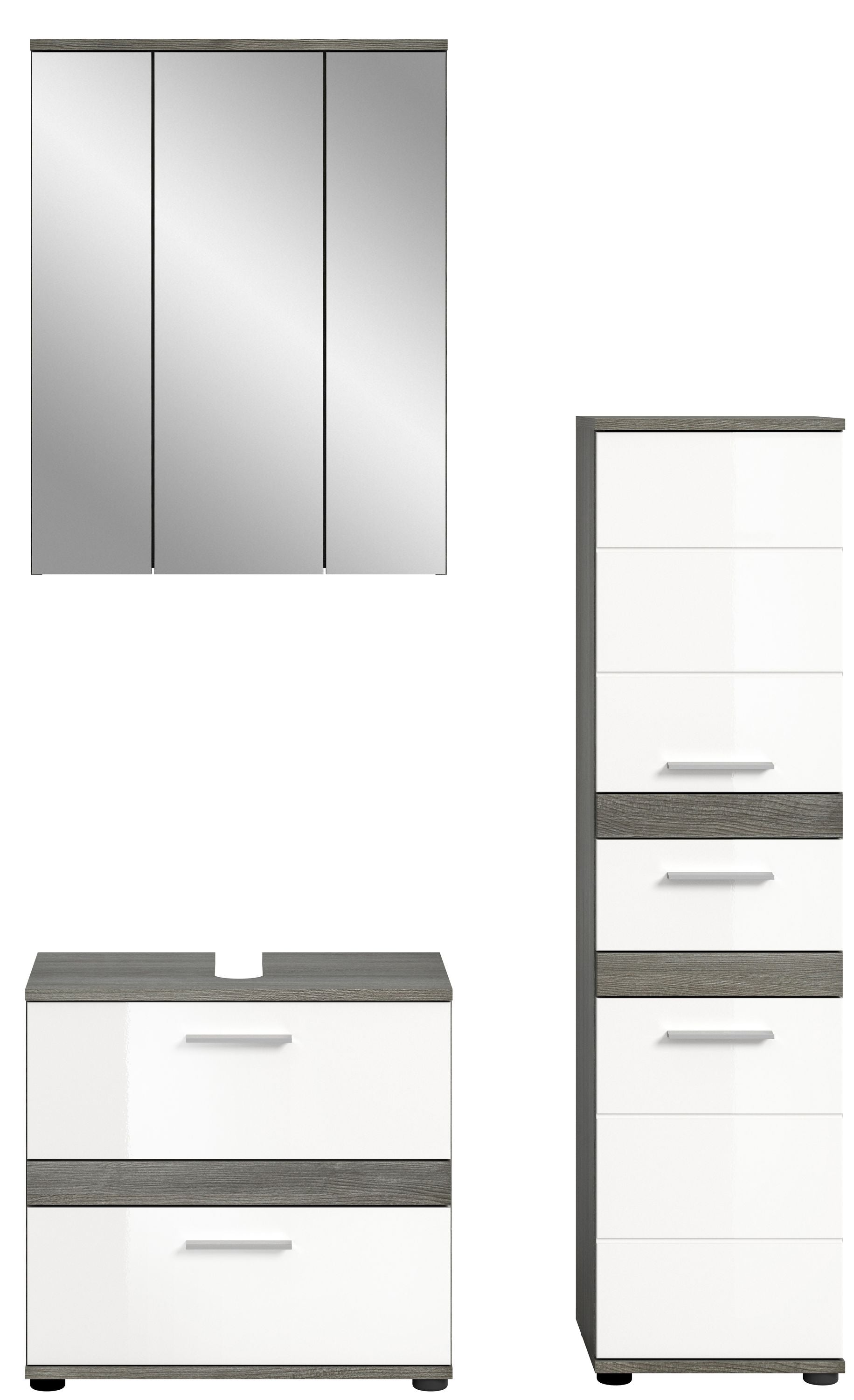 Badmöbel-Set aus Spiegelschrank, Waschtischschrank und Hochschrank, Hochglanz in Grau/Weiß