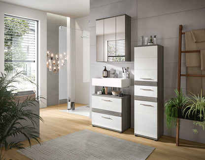 Badmöbel-Set im Hochglanzdesign: Spiegelschrank über Waschtisch und Hochschrank mit Schubladen
