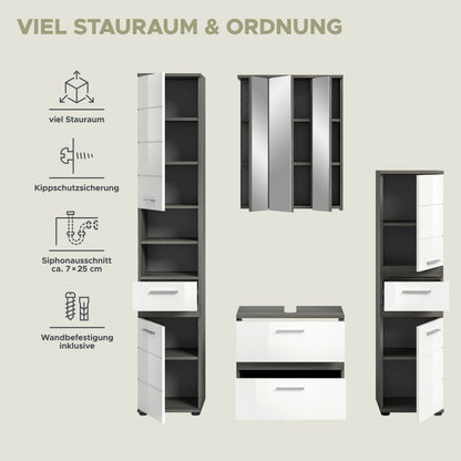 Badmöbel-Set 4-teilig mit Funktionsübersicht: Stauraum- und Kippschutz-Elemente, weiß und anthrazit