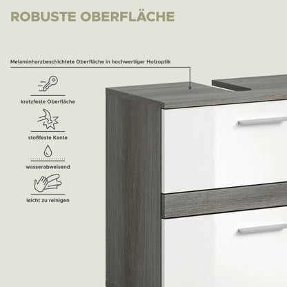 Badmöbel-Oberfläche des Sets: robustes weißes Schubfach mit anthrazitfarbenem Rand, pflegeleicht