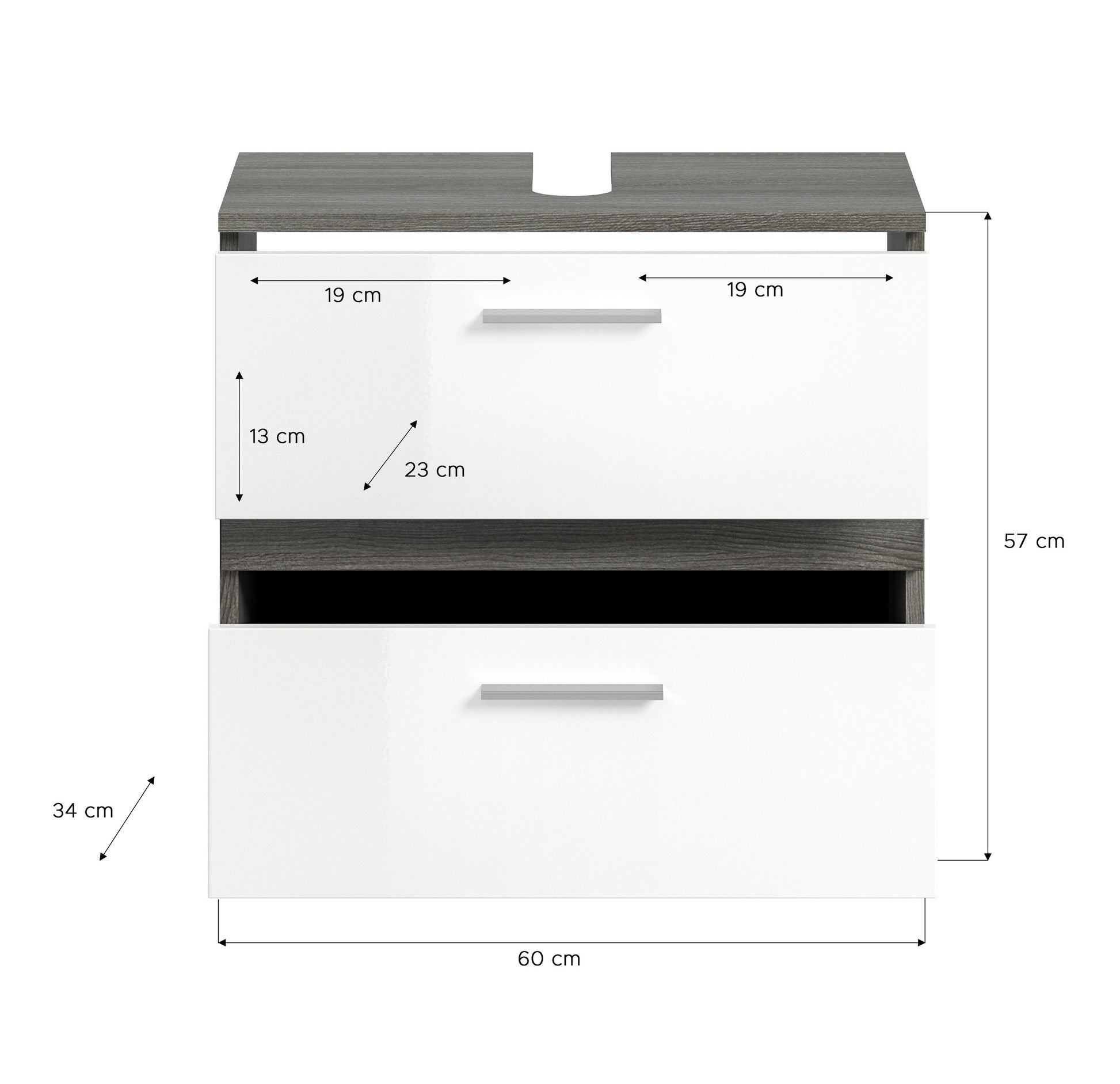 Waschtischunterschrank des Badmöbel-Sets: weißes Frontpanel mit anthrazitfarbenem Ablagefach