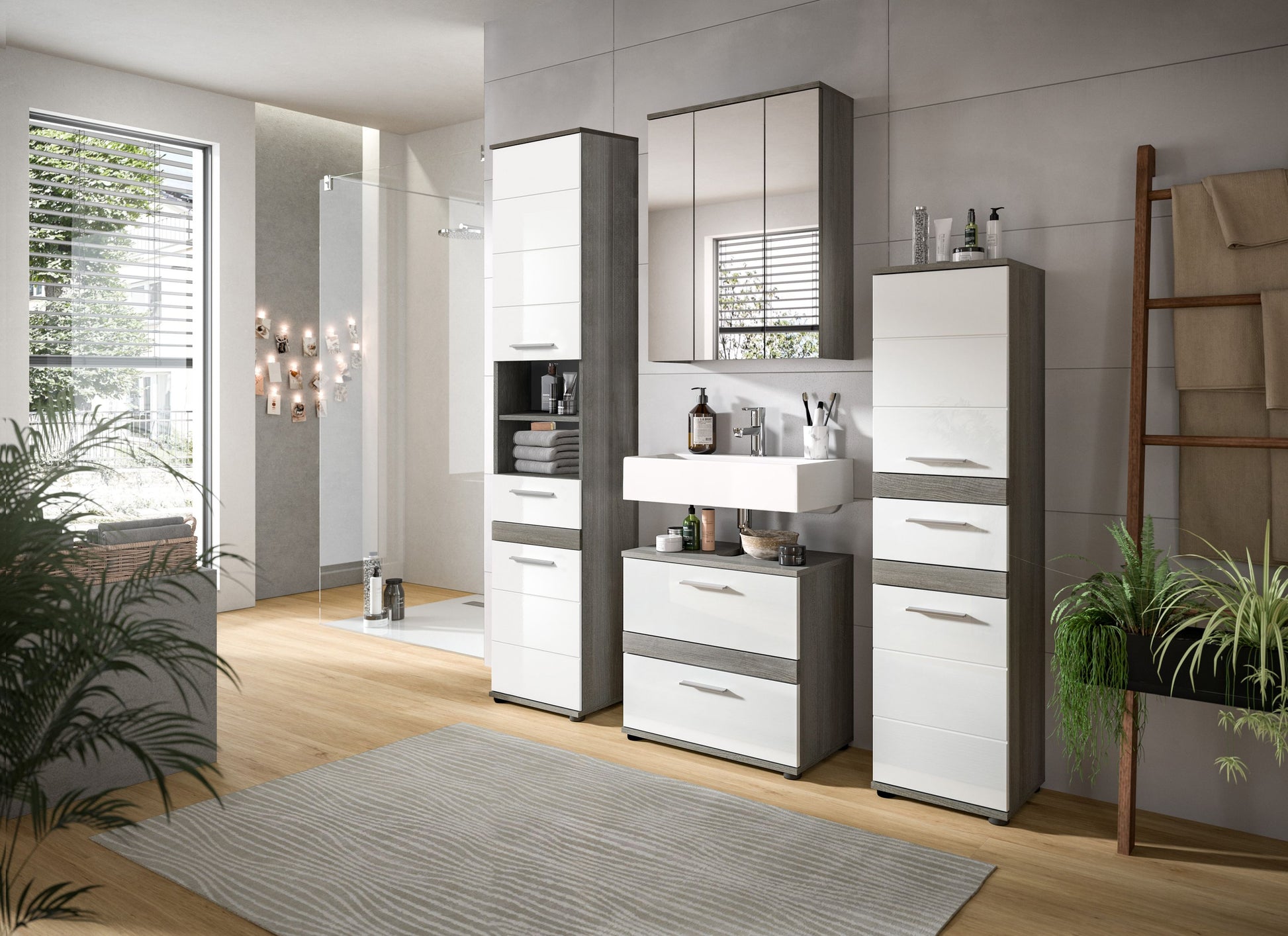 Badmöbel-Set 4-teilig mit Spiegelschrank, Waschtisch und Schrankelementen in Weiß und Anthrazit