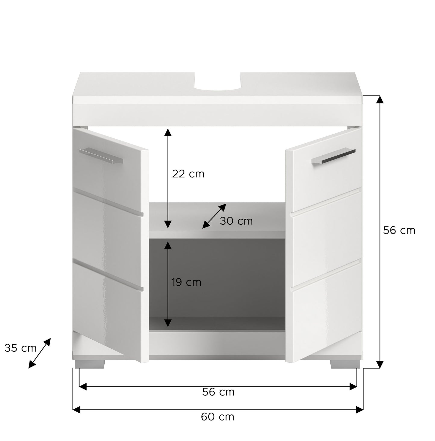 Waschbeckenunterschrank 60 cm, weiß, geöffnet mit Innenfach und Maßskizze