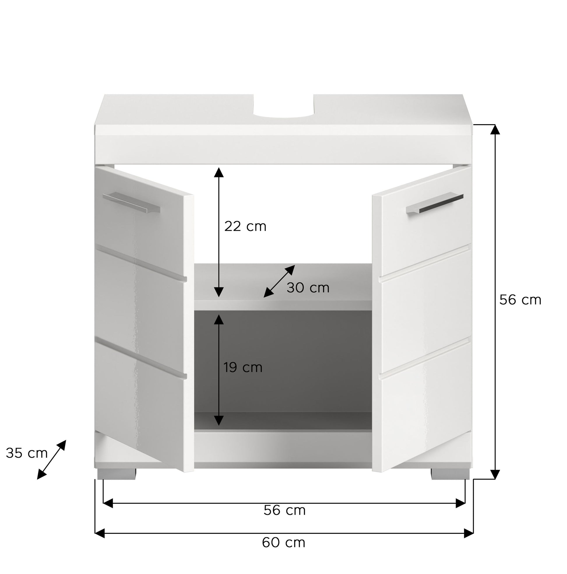 Waschbeckenunterschrank 60 cm, weiß, geöffnet mit Innenfach und Maßskizze