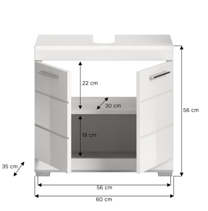 Waschbeckenunterschrank 60 cm, weiß, geöffnet mit Innenfach und Maßskizze