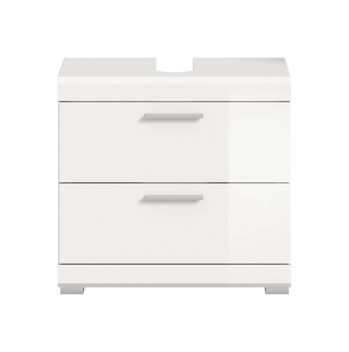 Waschbeckenunterschrank, weiße Front, 2 Schubkästen mit silbernen Griffen
