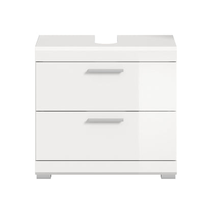 Waschbeckenunterschrank, weiße Front, 2 Schubkästen mit silbernen Griffen