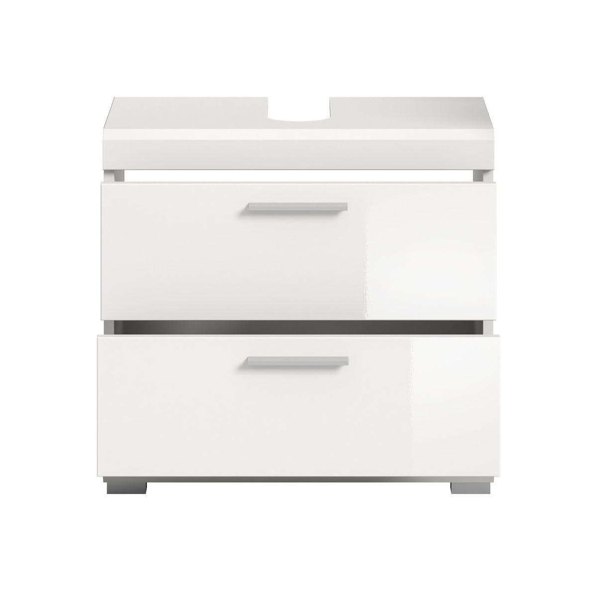 Waschbeckenunterschrank in weiß mit dunkler Abdeckblende und 2 Schubkästen