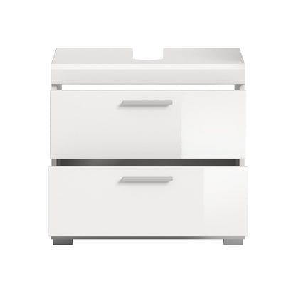 Waschbeckenunterschrank in weiß mit dunkler Abdeckblende und 2 Schubkästen