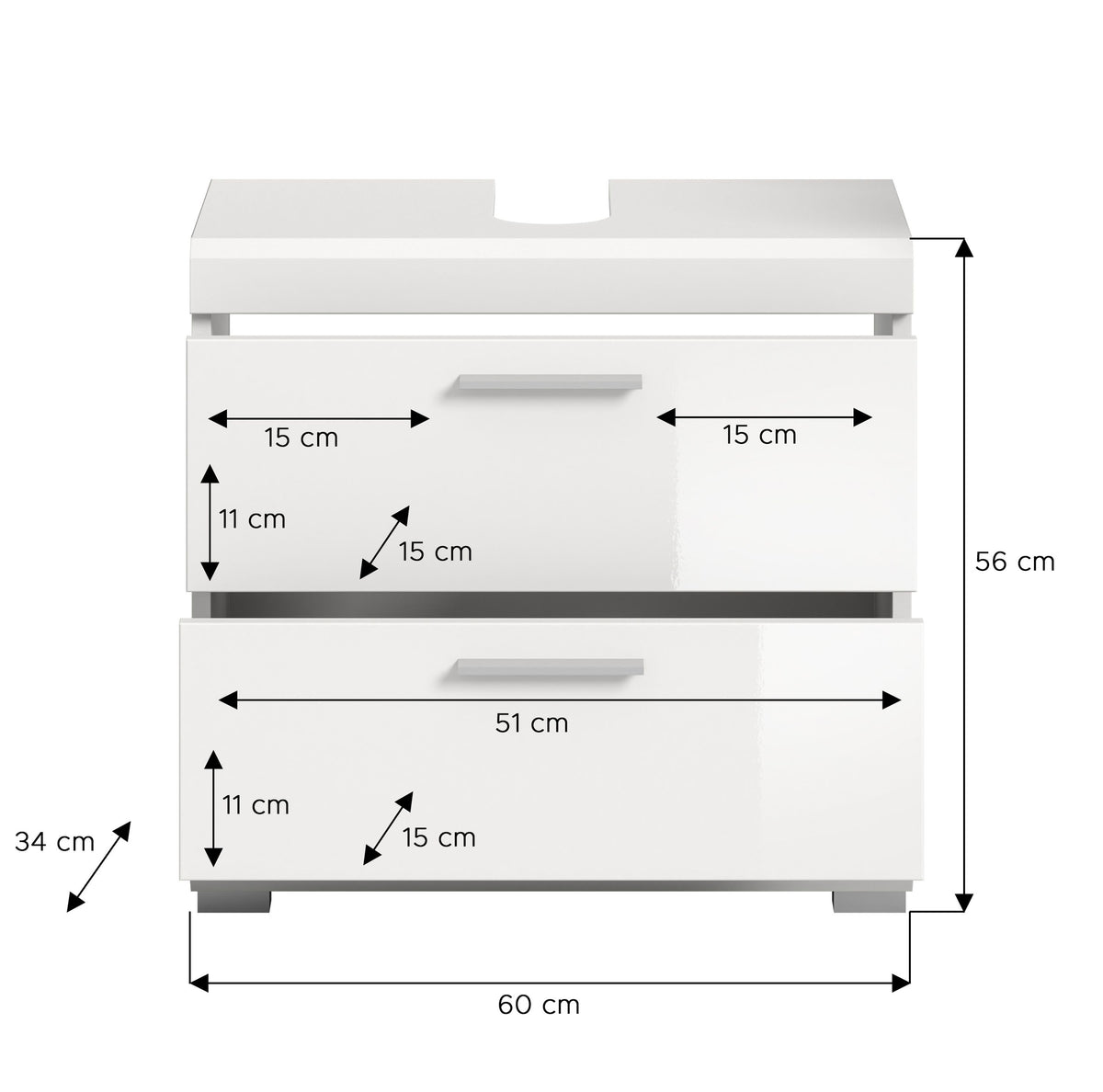Waschbeckenunterschrank 60 cm, Maßdarstellung: 56 cm Höhe, 34 cm Tiefe