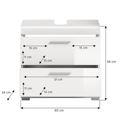 Waschbeckenunterschrank 60 cm, Maßdarstellung: 56 cm Höhe, 34 cm Tiefe