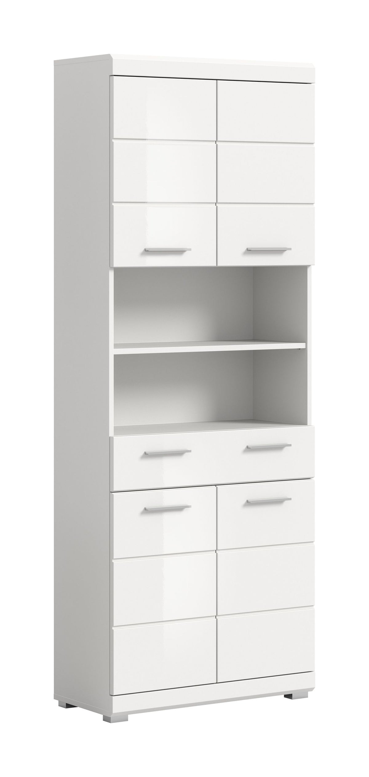 Badhochschrank in Weiß mit offenen Fächern, Schubfächern und Türen, mit Griffen