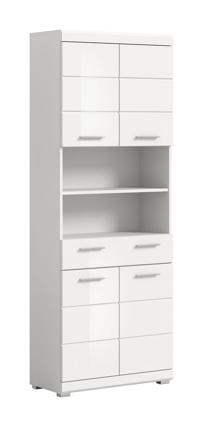 Badhochschrank in Weiß mit offenen Fächern, Schubfächern und Türen, mit Griffen