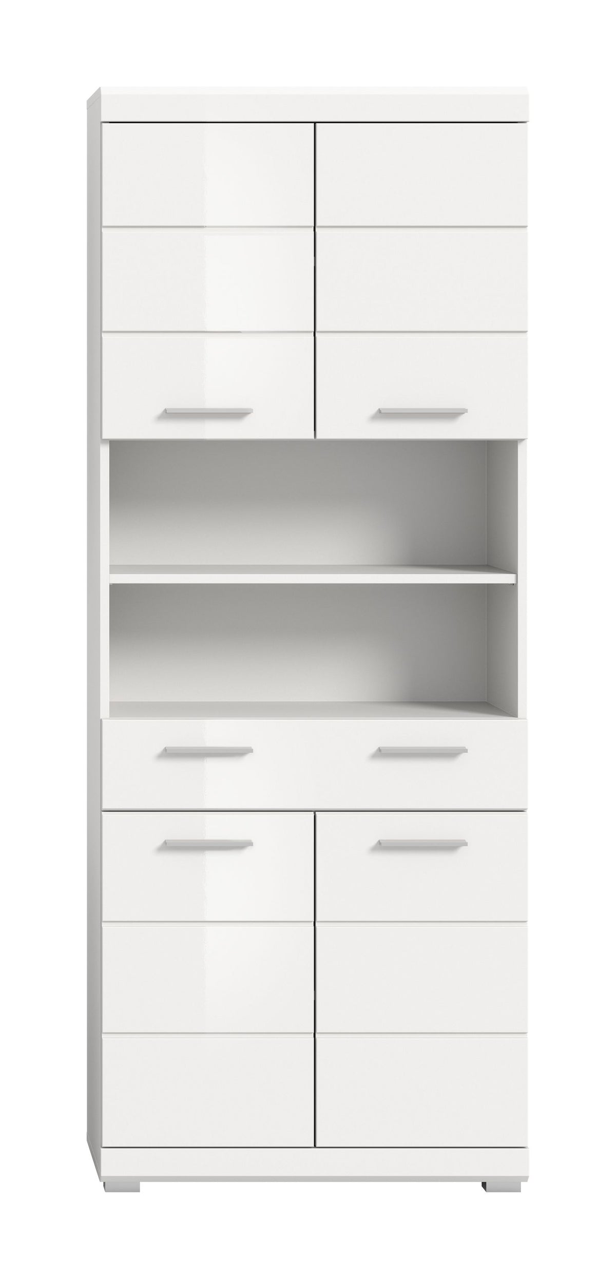 Weißer Badhochschrank mit Türen und mehreren Schubladen sowie offenen Regalfächern
