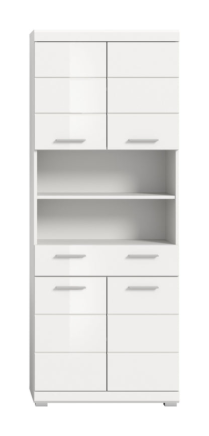 Weißer Badhochschrank mit Türen und mehreren Schubladen sowie offenen Regalfächern